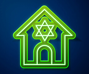 Glowing neon line Jewish synagogue building or jewish temple icon isolated on blue background. Hebrew or judaism construction with David star. Vector