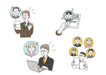 求人者を探す人事担当のセット　コミカルな手書きの人物　ベクター、線画にシンプルな色つけ　

