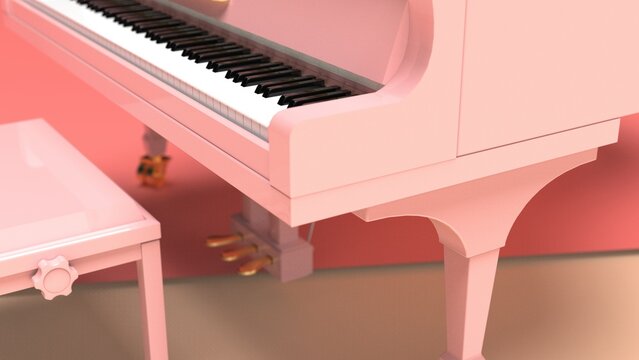 Pink-Gold Grand Piano under pink-soft yellow background. 3D illustration. 3D CG. 3D high quality rendering.  