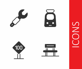 Set Waiting hall, Wrench spanner, Speed limit traffic sign 100 km and Train and railway icon. Vector