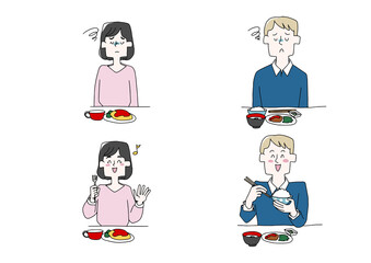 食事を摂っている人物のセット　健康と不健康　コミカルな手書きの人物イラスト