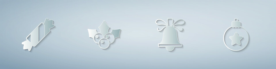 Set Candy, Branch viburnum, Christmas ringing bell and ball. Paper art style. Vector