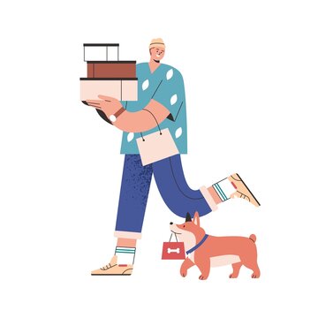 Man carrying boxes stack and bag after shopping. Happy shopper walking with dog. Guy buyer with purchases in hands. Customer holding lot of packs. Flat vector illustration isolated on white background