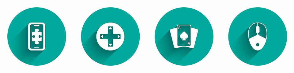 Fototapeta premium Set Mobile gaming, Game controller or joystick, Playing cards and Computer mouse icon with long shadow. Vector
