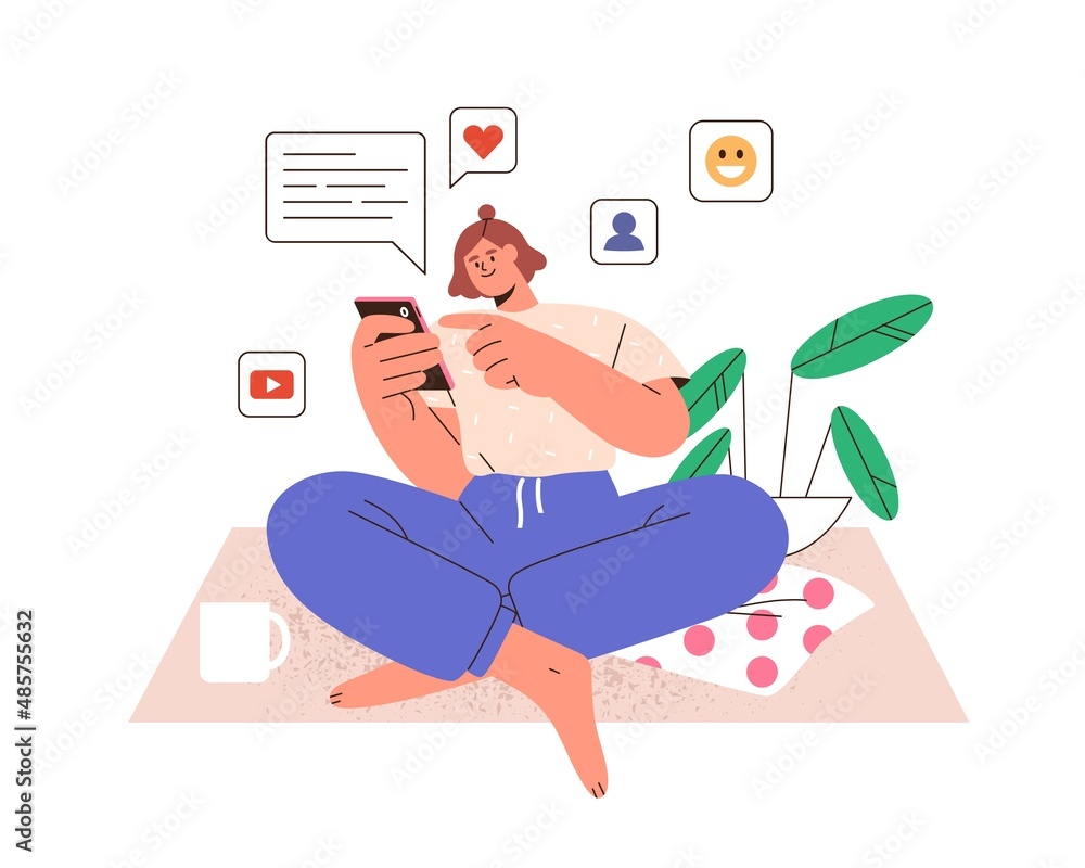 Poster woman with mobile phone, using social media and chatting online. person with smartphone, surfing int
