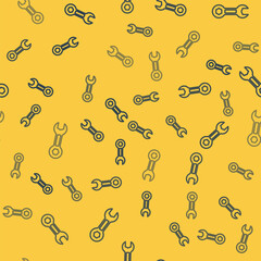 Blue line Wrench spanner icon isolated seamless pattern on yellow background. Vector