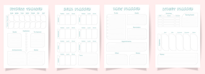 A set of organizer planners. Fitness tracker, meal planner, daily planner, budget planner. A4 printable templates.