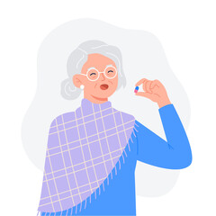 An old cute woman drinks a pill. Cartoon character standing and holding pill capsule painkiller or vitamin medication. Medical drugs and vitamin concept. Vector flat colorful illustration.