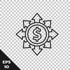 Black line Dollar, share, network icon isolated on transparent background. Vector