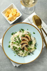 Concept of tasty food with risotto with mushrooms, top view