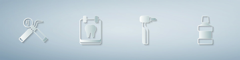 Set Dental mirror and probe, Calendar with tooth, Tooth drill and Mouthwash. Paper art style. Vector