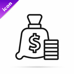 Black line Money bag icon isolated on white background. Dollar or USD symbol. Cash Banking currency sign. Vector
