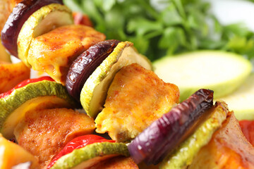 Concept of tasty food with chicken shashlik, close up