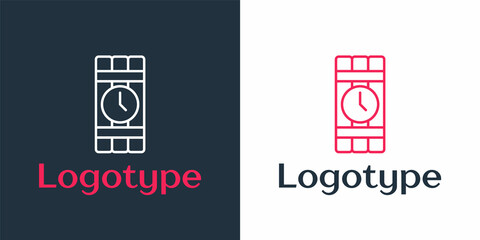 Logotype line Detonate dynamite bomb stick and timer clock icon isolated on white background. Time bomb - explosion danger concept. Logo design template element. Vector