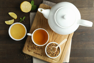 Concept of hot drink with buckwheat tea, top view