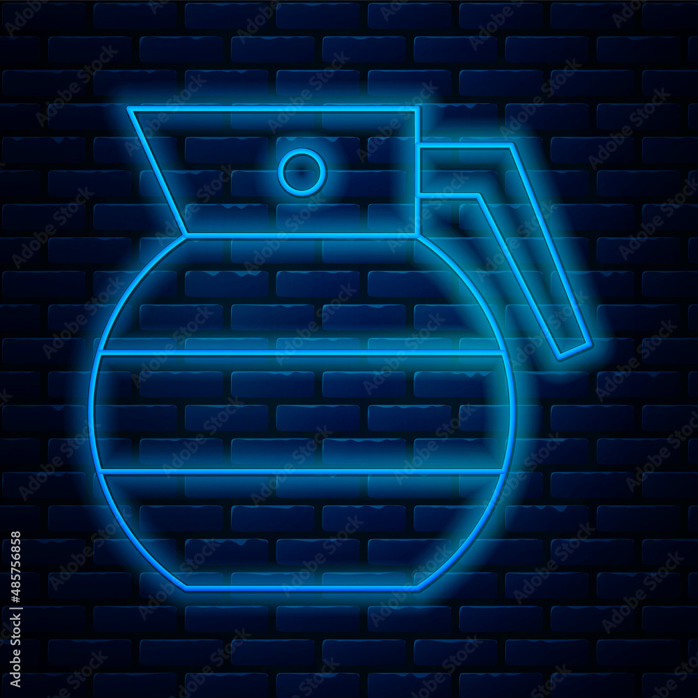 Sticker Glowing neon line Hand grenade icon isolated on brick wall background. Bomb explosion. Vector