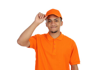 Young man in delivery uniform isolated on white background