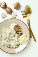 Concept of tasty food with risotto with mushrooms, top view
