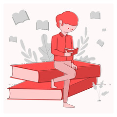 Un joven sentado leyó su libro, leyendo un montón de libros, estilo llano de un joven sentado en los libros mientras leía