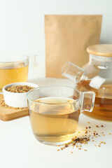 Concept of hot drink with buckwheat tea, close up