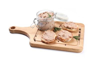 Board with pate sandwiches isolated on white background