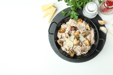 Concept of tasty food with risotto with mushrooms, space for text