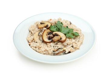 Risotto with mushrooms isolated on white background