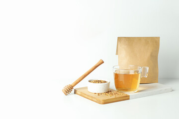 Concept of hot drink with buckwheat tea, space for text