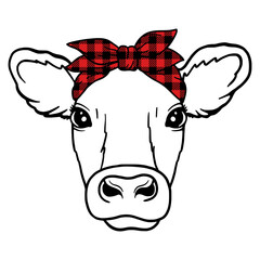 Cow head with buffalo plaid bandana. Farm Animal. Vector illustration isolated on white background. 
