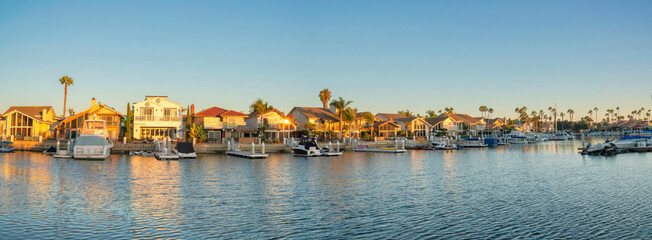 Fototapeta na wymiar Residential area with reflective waterfront at Coronado, San Diego, California