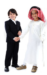 Arabic and caucasian little businessmen handshaking , high quality