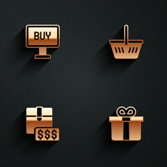 Set Buy button, Shopping basket, Item price tag with dollar and Gift box icon with long shadow. Vector