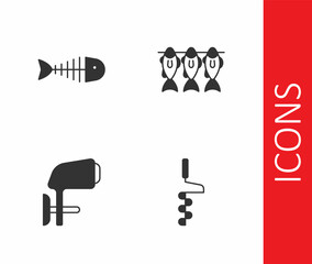 Set Hand ice drill, Fish skeleton, Outboard boat motor and Dried fish icon. Vector