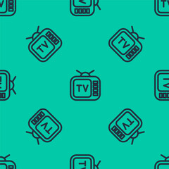 Blue line Retro tv icon isolated seamless pattern on green background. Television sign. Vector