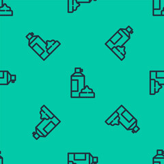 Blue line Whipped cream in an aerosol can icon isolated seamless pattern on green background. Sweet dairy product. Milk product and sweet symbol. Vector