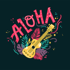 Aloha. Beautiful poster with ukulele, palm tropical leaves and ornate hand lettering.