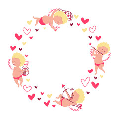 Round frame of cupids and hearts. Cupids fly, play romantic music on the strings of the lyre. Cupid fires a crossbow to evoke love. Pattern for valentine's day. Flat vector illustration.