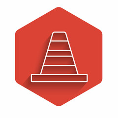 White line Traffic cone icon isolated with long shadow. Red hexagon button. Vector