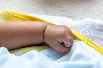 A Japanese Asian infant baby's cute pillowy arm closed up photo