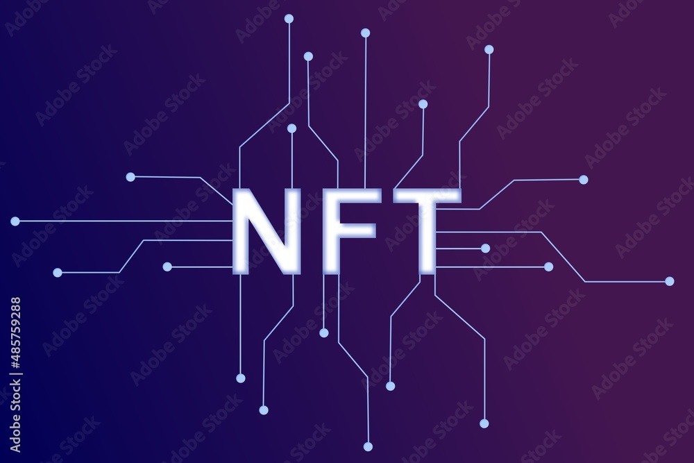 Poster nft non fungible token infographic with lines and dots network on dark background. pay for unique co