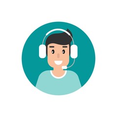 Happy male operator with headphones and microphone in blue circle.