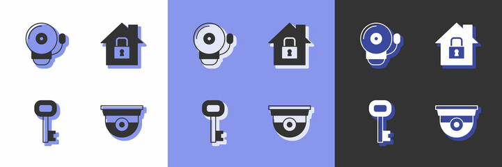 Set Security camera, Ringing alarm bell, Old key and House under protection icon. Vector