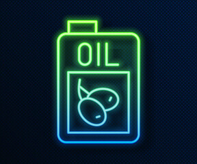 Glowing neon line Bottle of olive oil icon isolated on blue background. Jug with olive oil icon. Vector