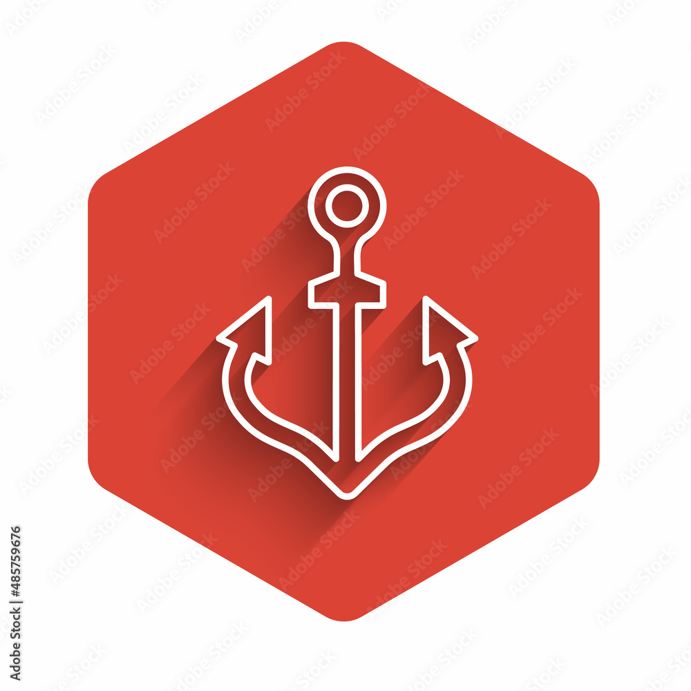 Poster white line anchor icon isolated with long shadow background. red hexagon button. vector