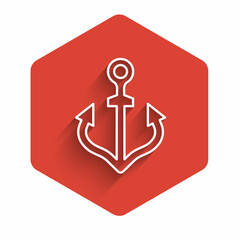 White line Anchor icon isolated with long shadow background. Red hexagon button. Vector