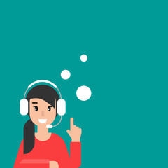 Operator with bubbles, headphones and microphone. flat vector illustration on blue background. Man with headset. consulting, job online, internet.