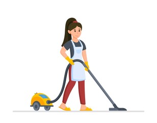 Woman vacuuming house. Young woman in apron holding vacuum cleaner. 