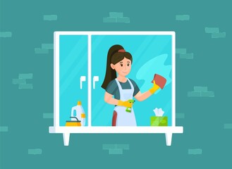 Vector illustration of housewife washes window. Housewife wipes dust off window in house. 