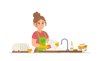 Vector illustration of housewife washing dishes. Housewife washing dishes in the kitchen in a good mood. 