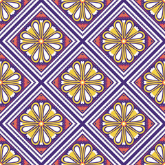 Yellow, White, Orange on Violet. Geometric ethnic oriental pattern traditional Design for background,carpet,wallpaper,clothing,wrapping,Batik,fabric, illustration embroidery style